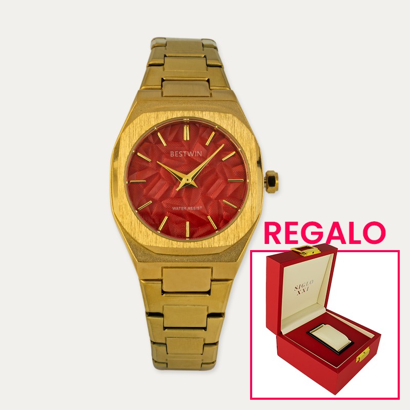 Reloj Acero Mujer Rojo Dorado Regalo Caja Lujo